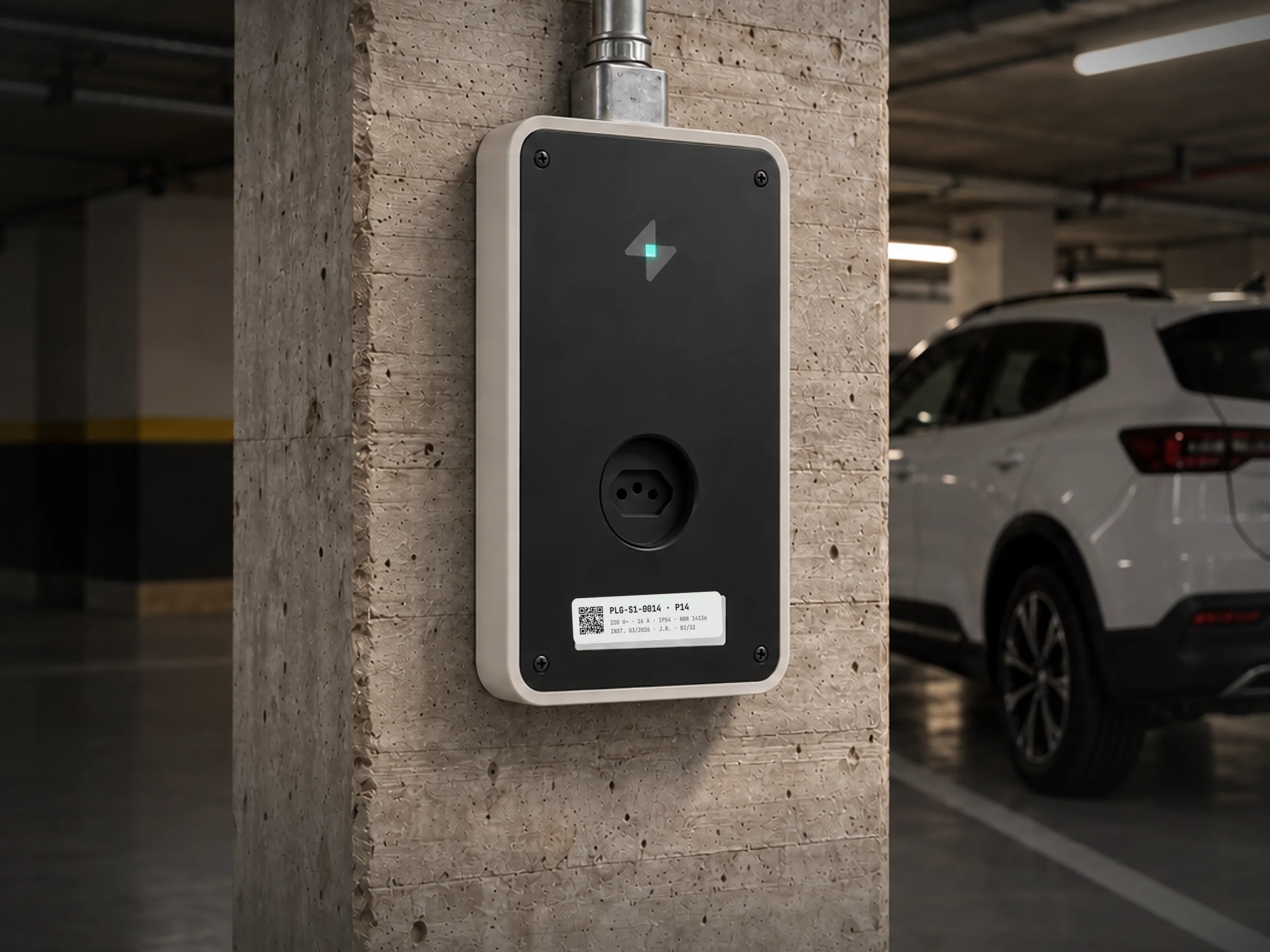 Ponto Pluggie Socket S1: caixa preta fosca com tomada de três pinos, símbolo em relevo e uma pequena luz verde, fixada numa placa de concreto.