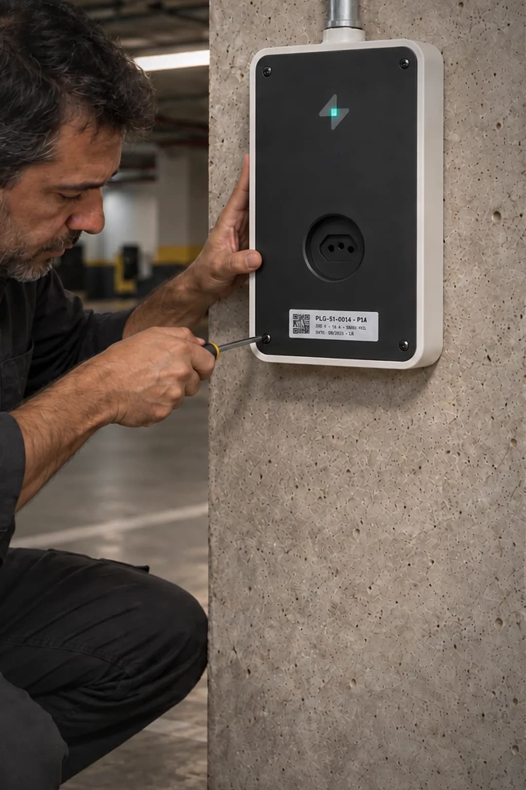 Eletricista ajoelhado ao lado da bolsa de ferramentas apertando o último parafuso de um ponto Pluggie na parede da garagem.