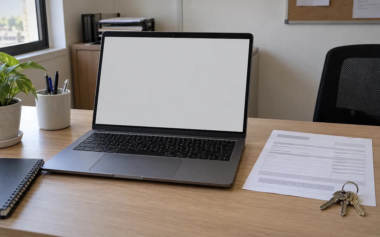 Mesa da administração do condomínio com notebook aberto mostrando o painel da Pluggie, um boleto impresso e um molho de chaves ao lado.