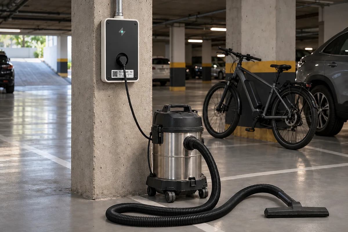 Aspirador industrial da equipe de limpeza ligado a um ponto Pluggie na garagem, com uma bicicleta elétrica encostada na coluna ao lado.