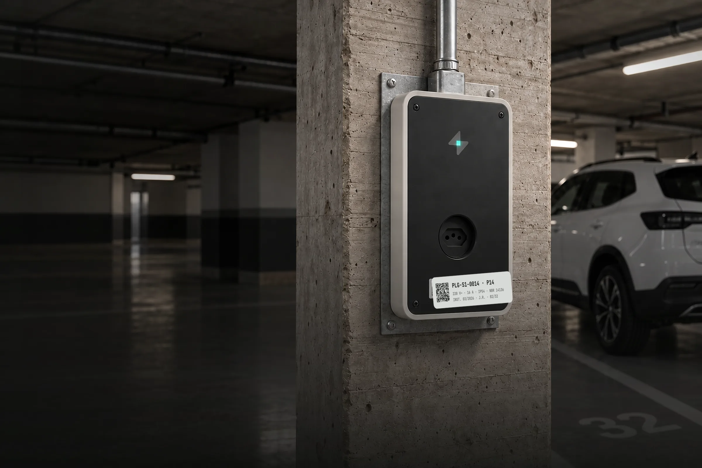 Ponto Pluggie instalado numa coluna de concreto aparente no subsolo, com eletroduto galvanizado descendo do teto, a vaga 32 pintada no piso e um carro elétrico desfocado ao fundo.